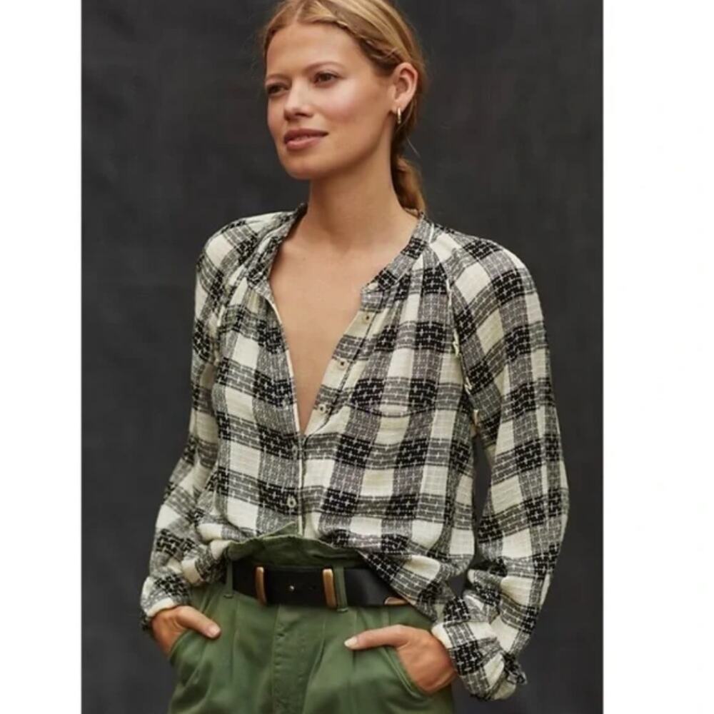 NEW Anthropologie Pilcro Breezy Black Plaid Button Down Top - Large